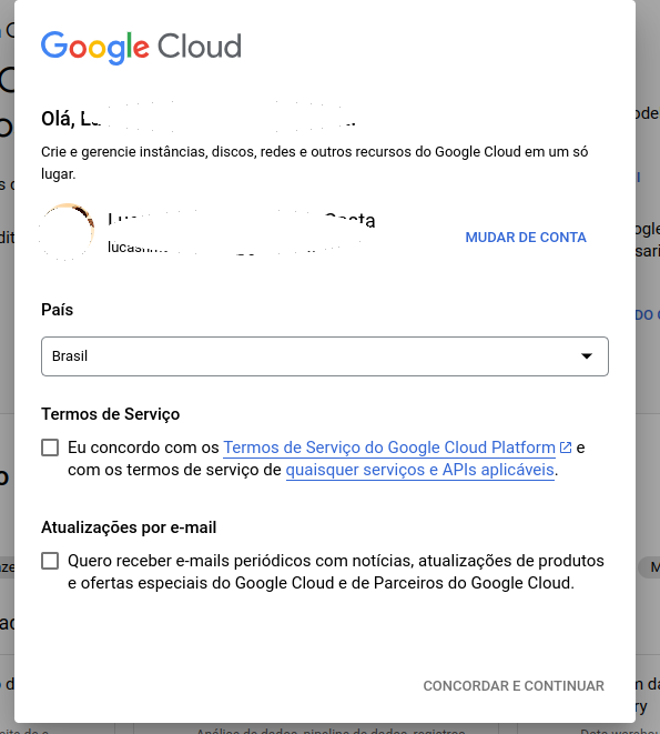 Aceitando os termos do Google Cloud