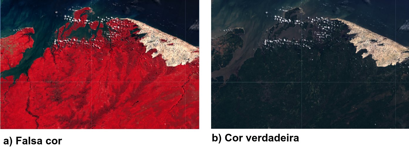 Falsa cor (a) e cor verdadeira (b) sobre os Lençóis Maranhenses
