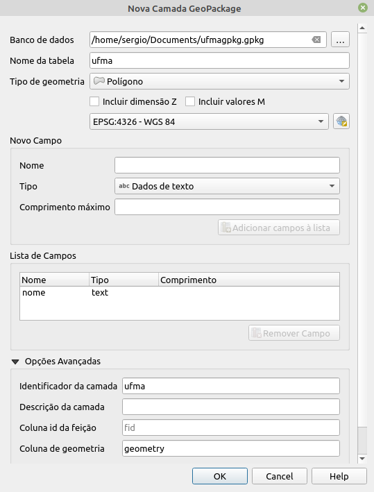 Criando uma camada em uma base GeoPackage
