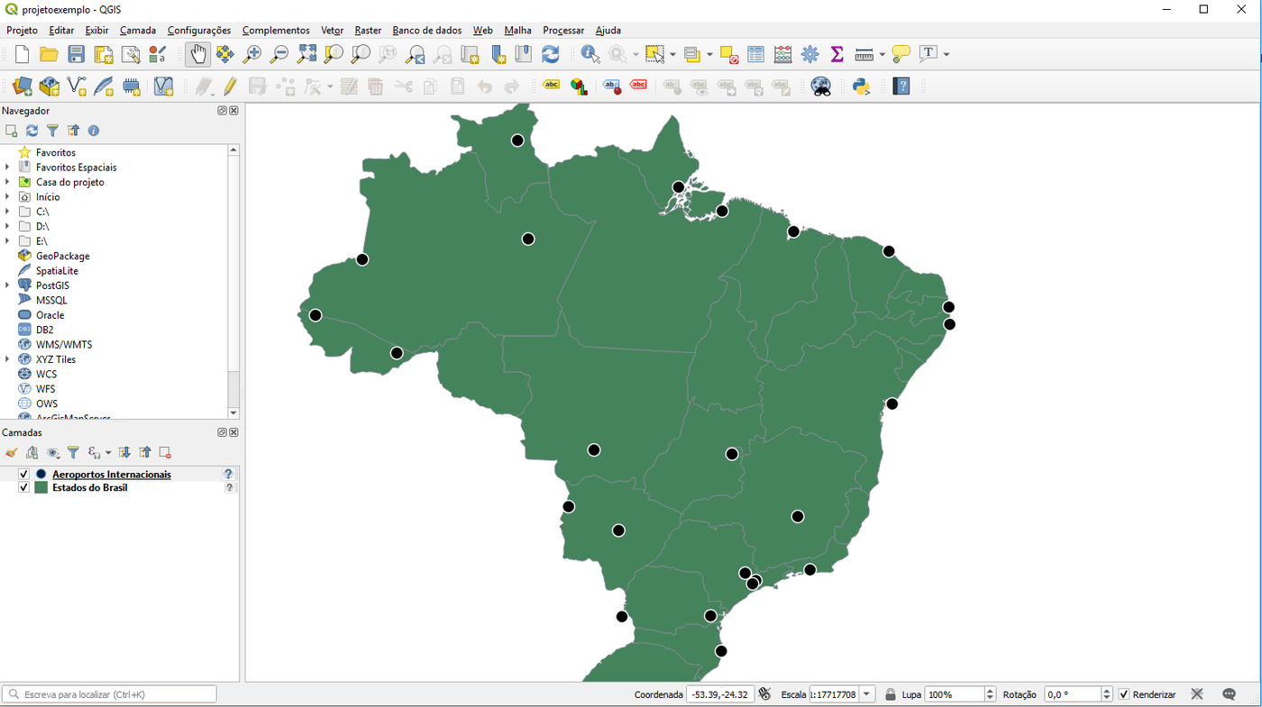 O projeto de exemplo aberto no QGIS